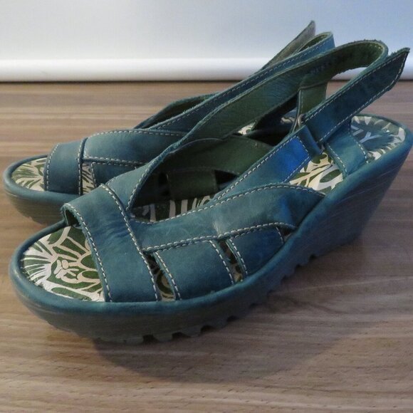 FLY LONDON Leather Yisa Wedge Sandals in Forest Green Sz US 6-6.5 / EU 38 - Picture 2 of 13